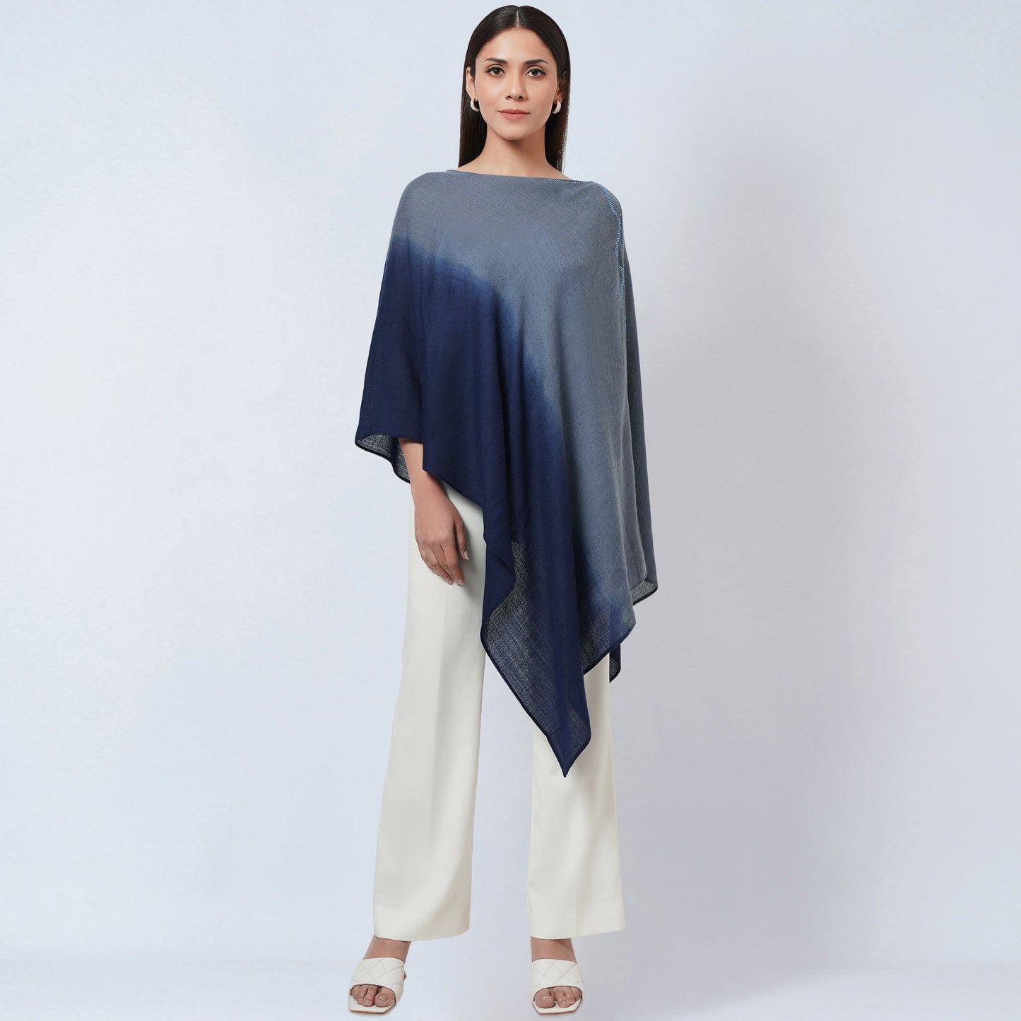 Grey and Blue Ombre Asymmetrical Embellished Cashmere Poncho