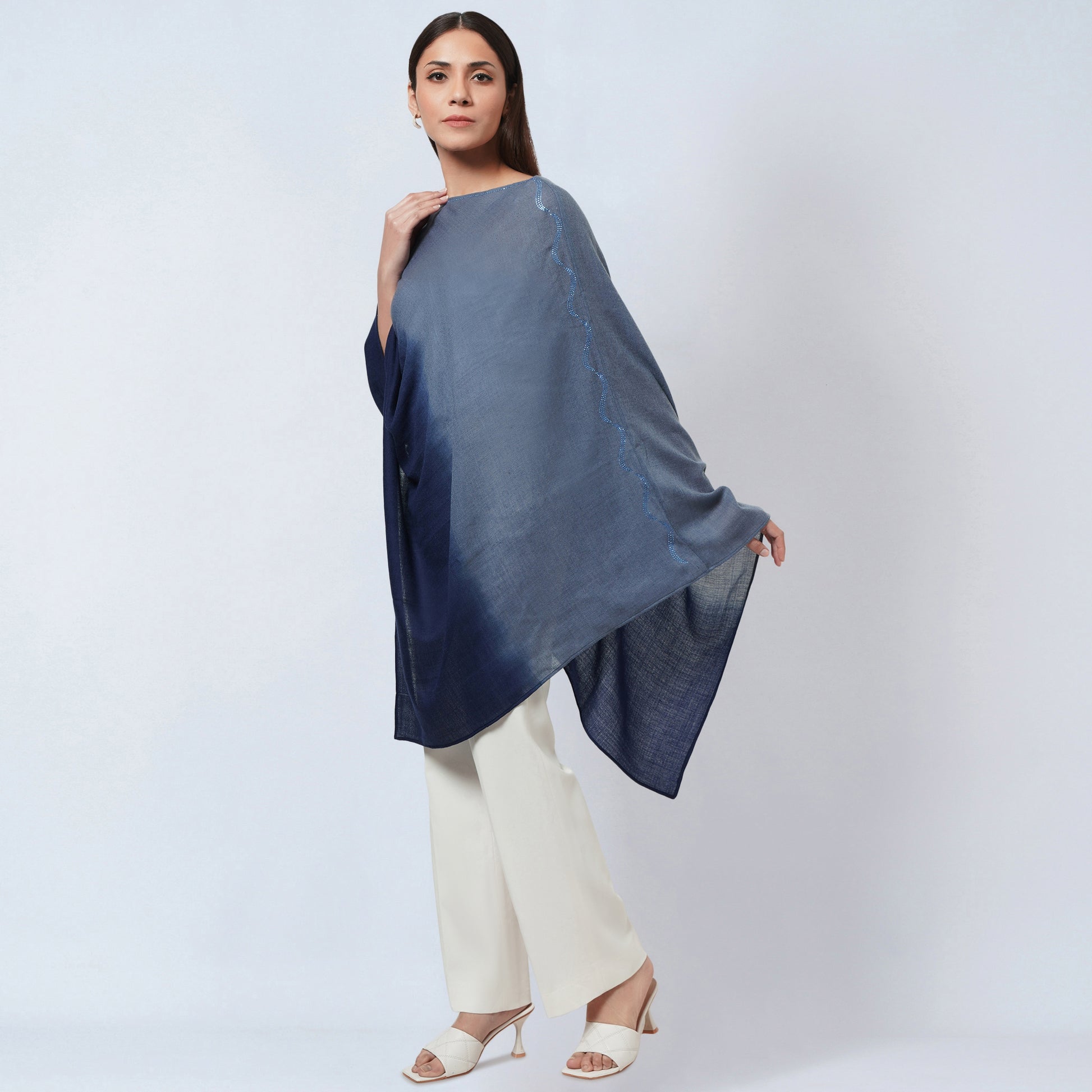 Grey and Blue Ombre Asymmetrical Embellished Cashmere Poncho