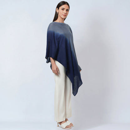 Grey and Blue Ombre Asymmetrical Embellished Cashmere Poncho