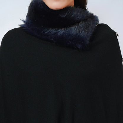Black Asymmetrical Fur Collar Cashmere Poncho