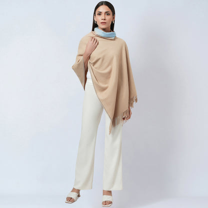 Beige Asymmetrical Cowl Neck Embellished Cashmere Poncho