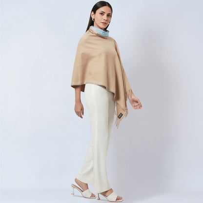 Beige Asymmetrical Cowl Neck Embellished Cashmere Poncho