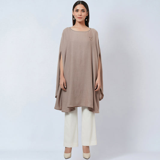 Taupe Embellished Long Cashmere Poncho