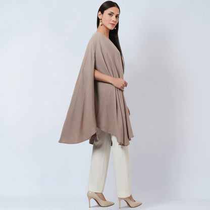 Taupe Embellished Long Cashmere Poncho