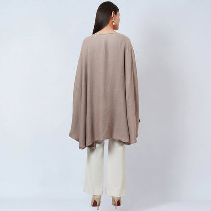 Taupe Embellished Long Cashmere Poncho