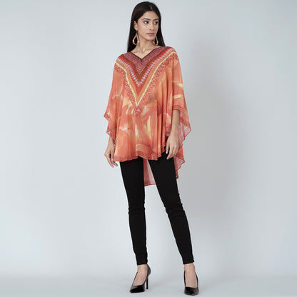 Orange and Red Embellished Floral Tunic