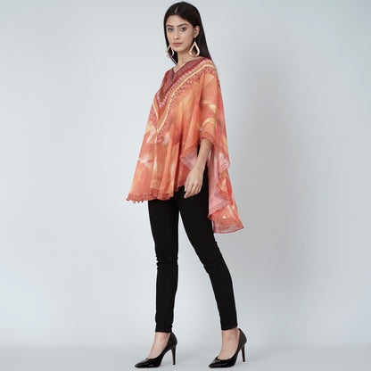 Orange and Red Embellished Floral Tunic
