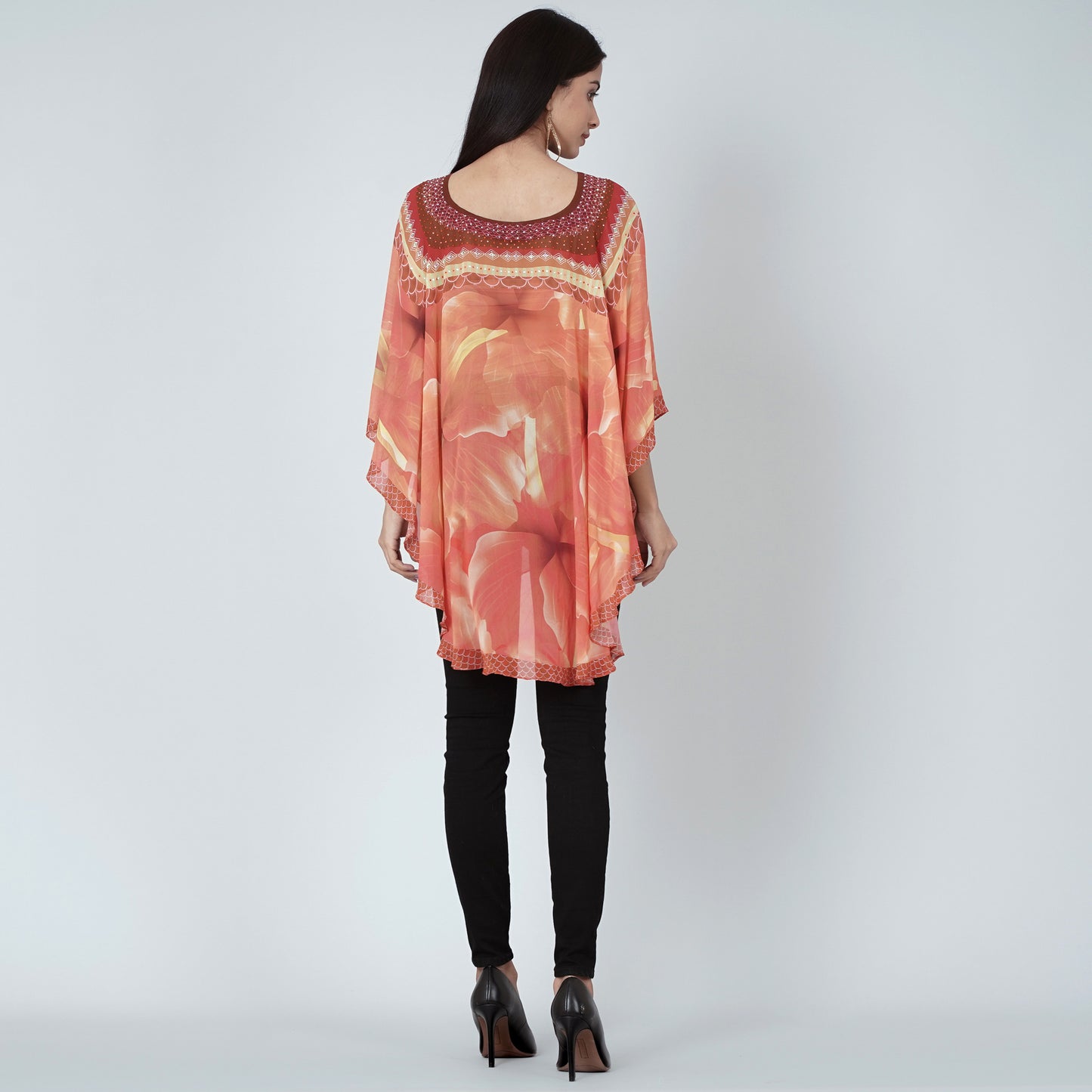 Orange and Red Embellished Floral Tunic