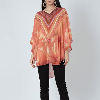 Orange and Red Embellished Floral Tunic