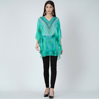 Turquoise Embellished Floral Tunic