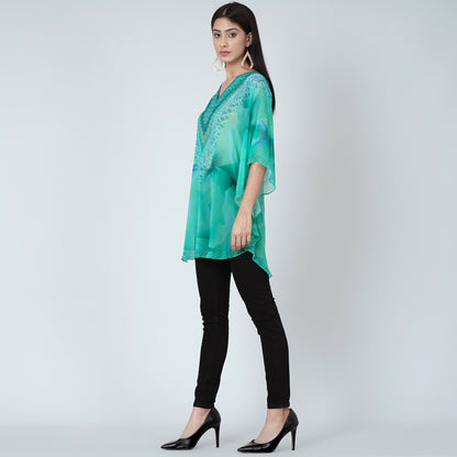 Turquoise Embellished Floral Tunic