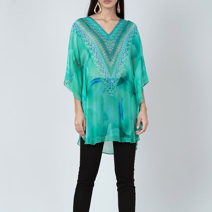 Turquoise Embellished Floral Tunic