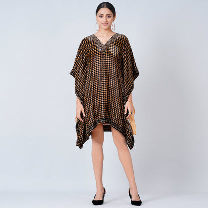 Beige Crystal Embellished Houndstooth Silk Velvet Tunic