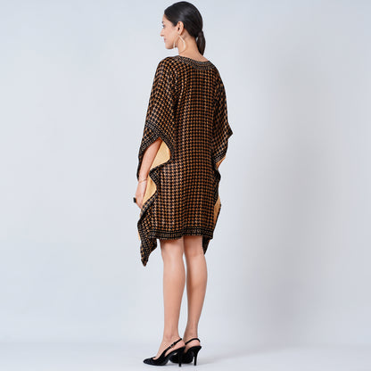 Beige Crystal Embellished Houndstooth Silk Velvet Tunic