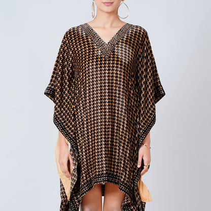 Beige Crystal Embellished Houndstooth Silk Velvet Tunic