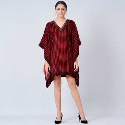 Red Crystal Embellished Houndstooth Silk Velvet Tunic
