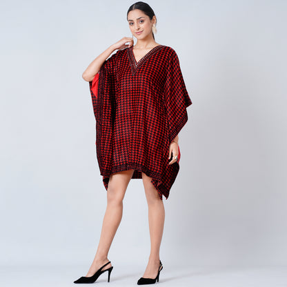 Red Crystal Embellished Houndstooth Silk Velvet Tunic