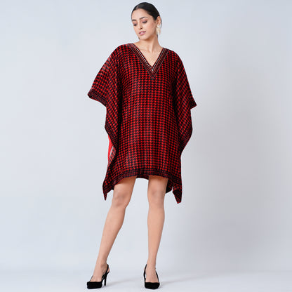 Red Crystal Embellished Houndstooth Silk Velvet Tunic