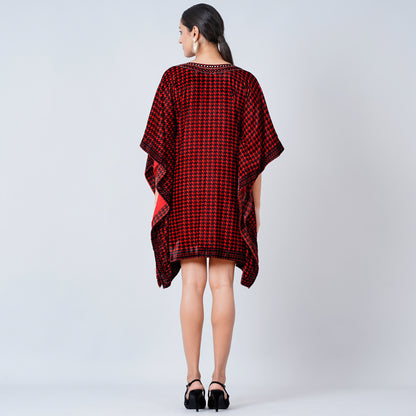 Red Crystal Embellished Houndstooth Silk Velvet Tunic