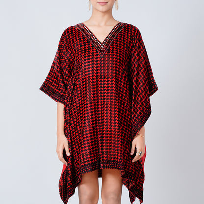 Red Crystal Embellished Houndstooth Silk Velvet Tunic