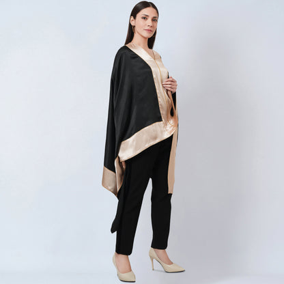 Black Satin Asymmetrical Tunic with Gold Border