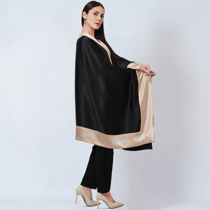 Black Satin Asymmetrical Tunic with Gold Border