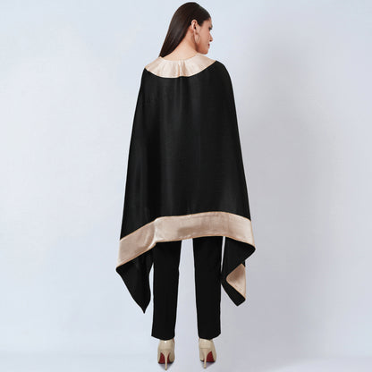 Black Satin Asymmetrical Tunic with Gold Border