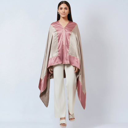 Ecru Satin Asymmetrical Tunic with Dusty Rose Border