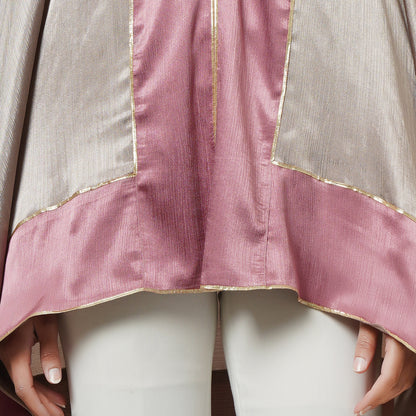 Ecru Satin Asymmetrical Tunic with Dusty Rose Border