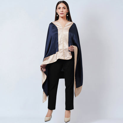 Midnight Blue Satin Asymmetrical Tunic with Gold Border
