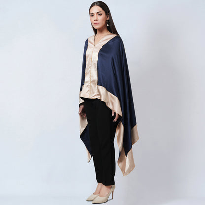 Midnight Blue Satin Asymmetrical Tunic with Gold Border