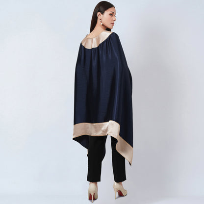Midnight Blue Satin Asymmetrical Tunic with Gold Border