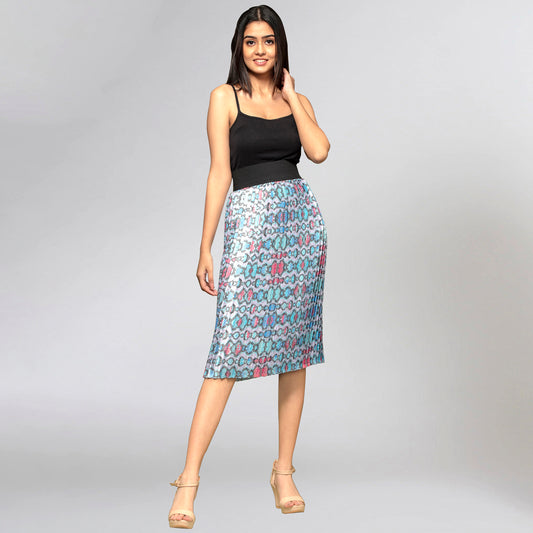 Blue Geometric Print Skirt for Women – Polyester Satin | First Resort by Ramola Bachchan