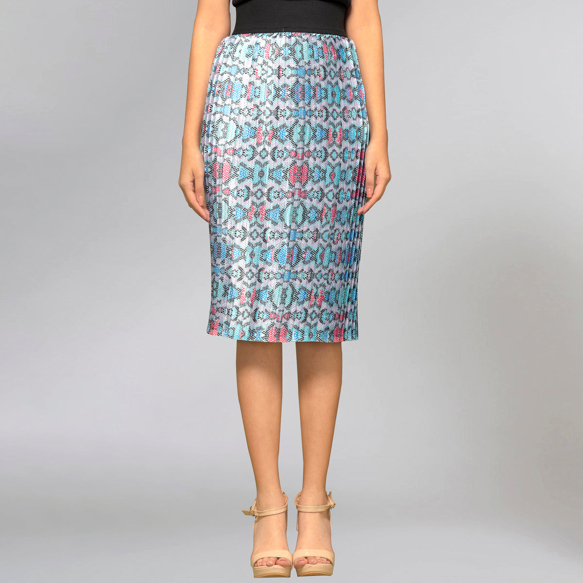Blue Geometric Print Skirt for Women – Polyester Satin – Model View | First Resort by Ramola Bachchan