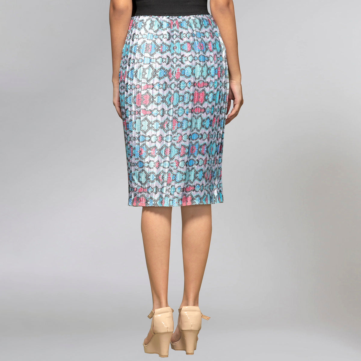 Blue Geometric Print Skirt for Women – Polyester Satin – Side View | First Resort by Ramola Bachchan