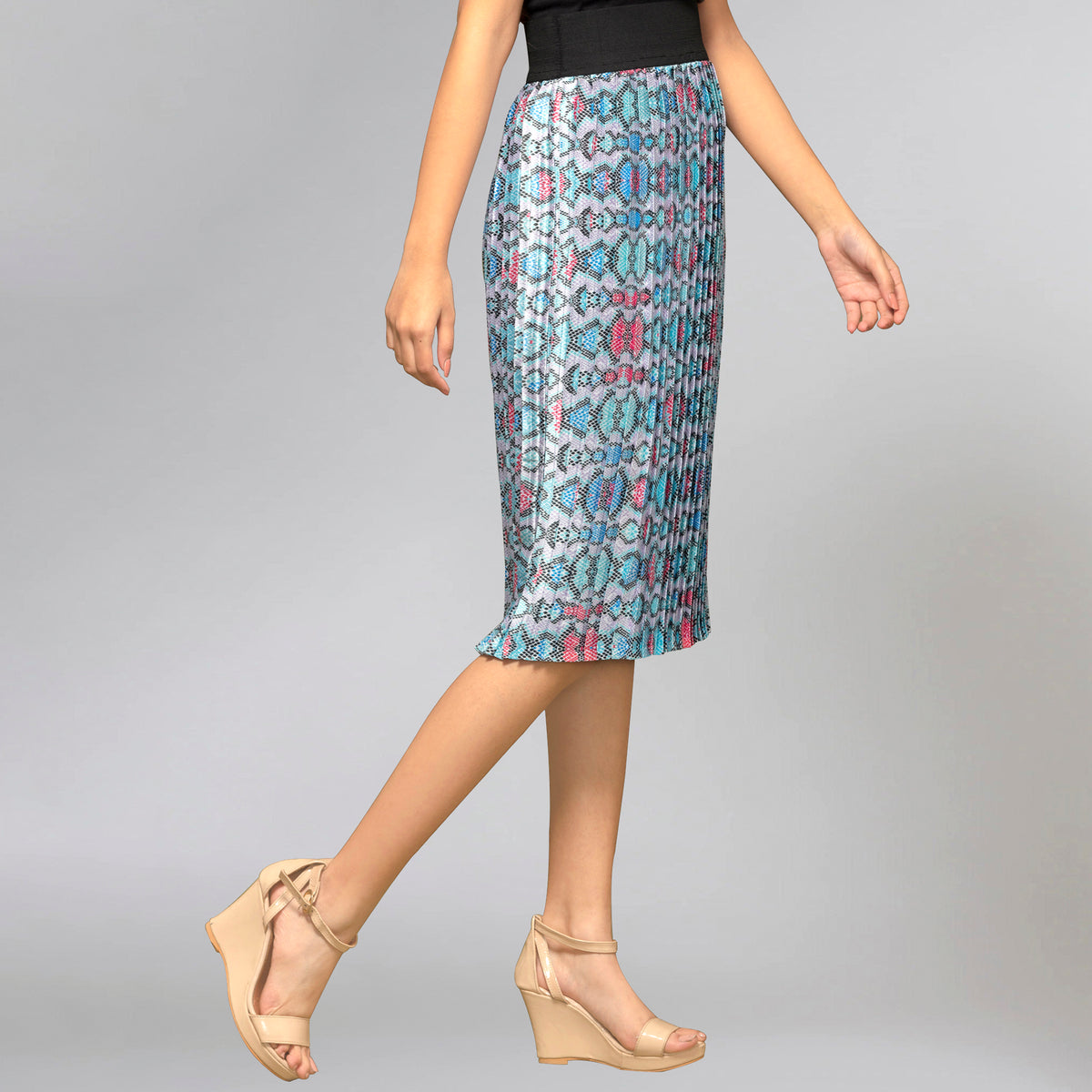 Blue Geometric Print Skirt for Women – Polyester Satin – Detail View | First Resort by Ramola Bachchan