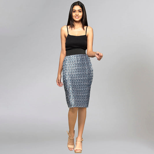 Dark Blue Animal Print Skirt for Women – Polyester Satin | First Resort by Ramola Bachchan