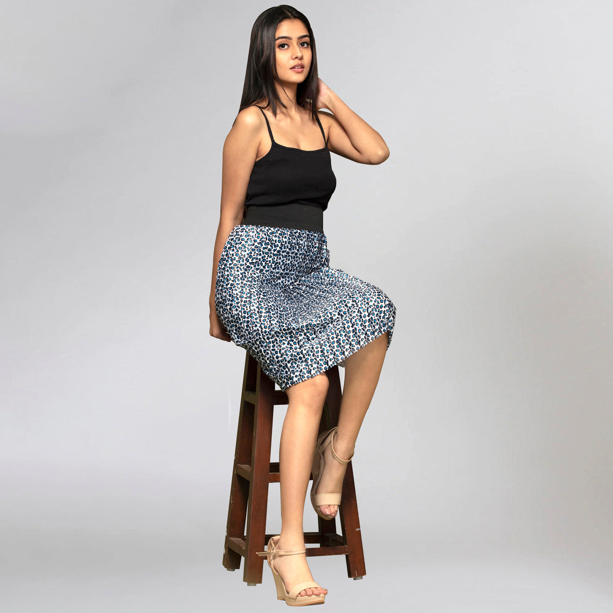 Dark Blue Animal Print Skirt for Women – Polyester Satin – Front View | First Resort by Ramola Bachchan