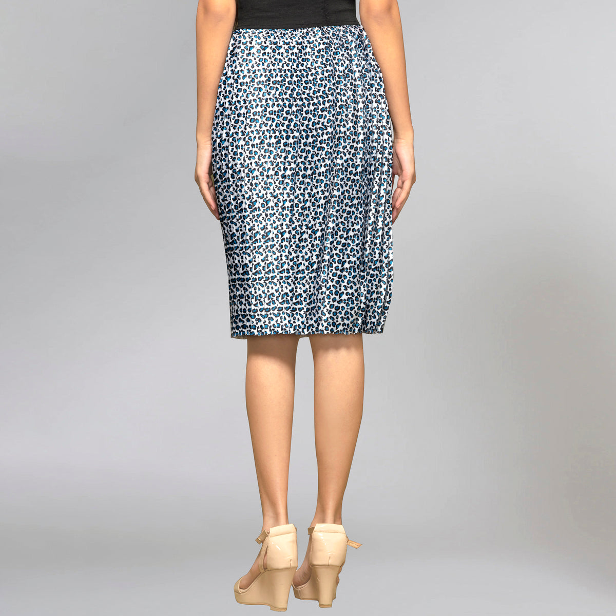 Dark Blue Animal Print Skirt for Women – Polyester Satin – Model View | First Resort by Ramola Bachchan