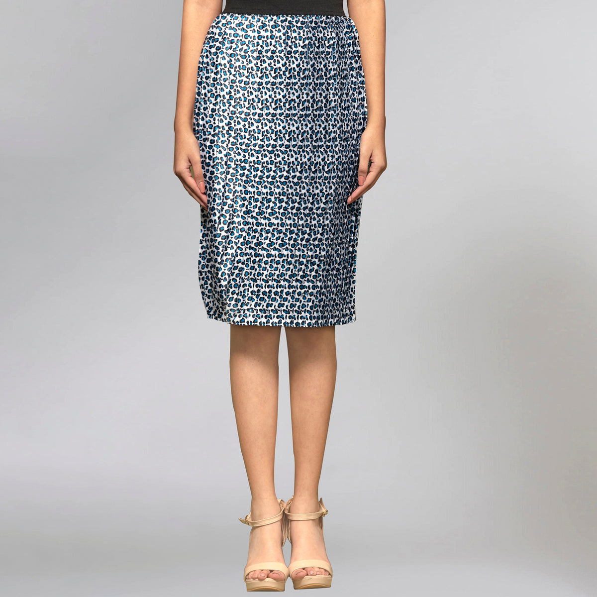 Dark Blue Animal Print Skirt for Women – Polyester Satin – Side View | First Resort by Ramola Bachchan