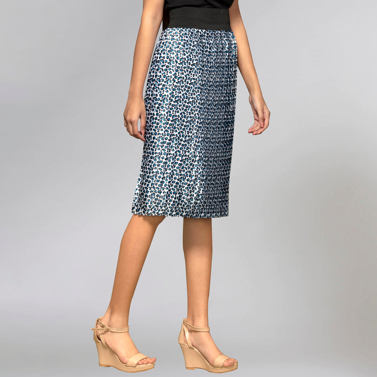 Dark Blue Animal Print Skirt for Women – Polyester Satin – Detail View | First Resort by Ramola Bachchan