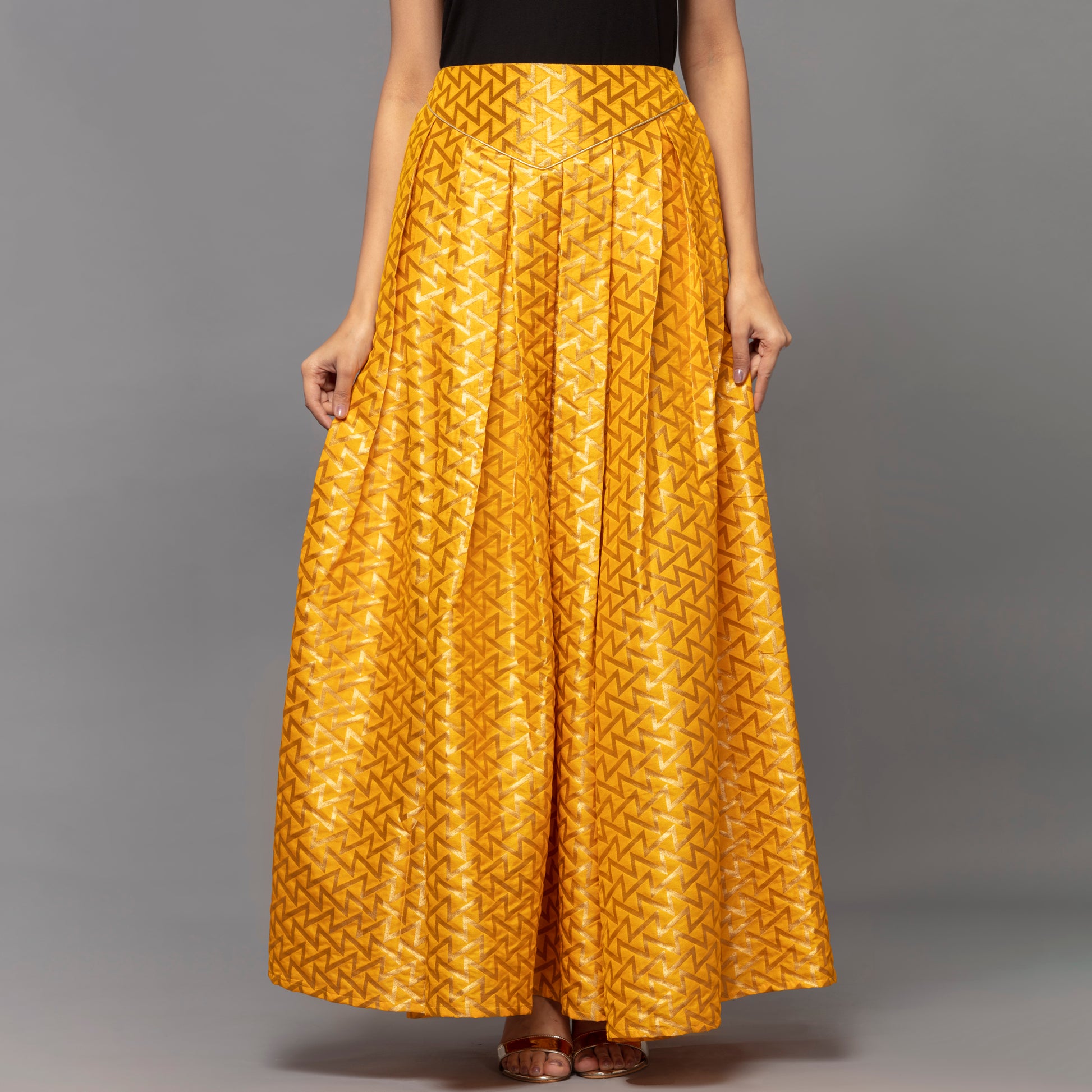 Yellow Traditional Weaved Design Skirt for Women – Banarasi Silk – Front View | First Resort by Ramola Bachchan