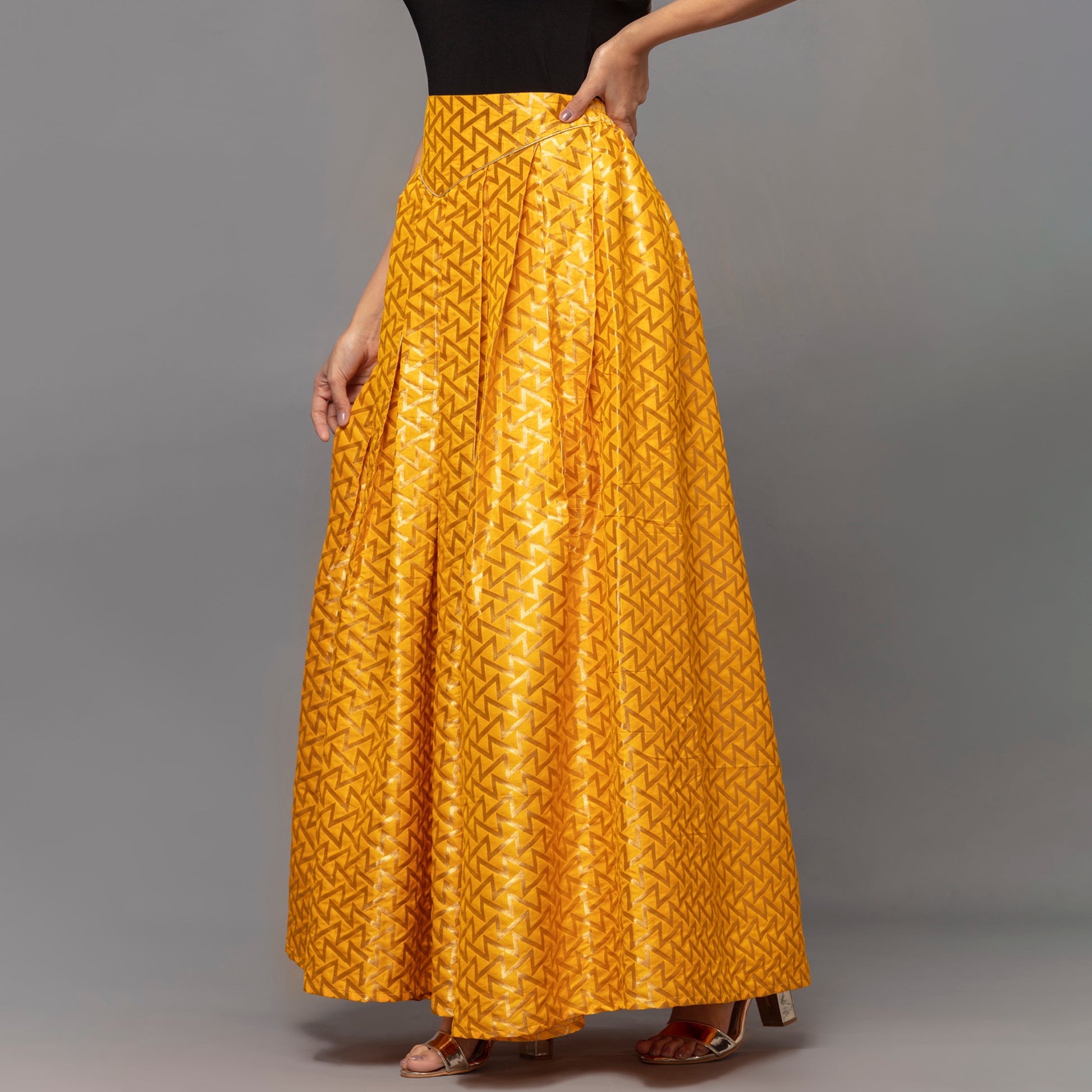 Yellow Traditional Weaved Design Skirt for Women – Banarasi Silk – Model View | First Resort by Ramola Bachchan